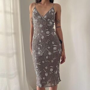 Vintage Mr K Silk Floral Fully Beaded Gray and Silver Midi Dress